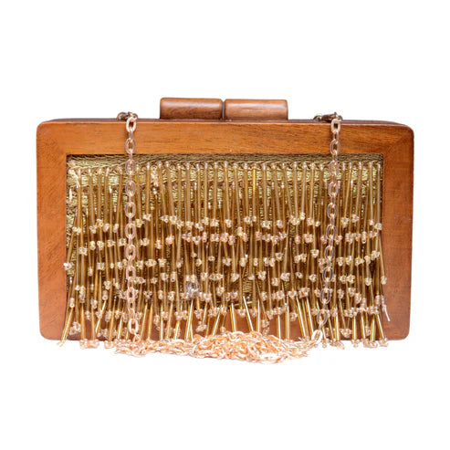 Golden Tassel Embellished Wooden Clutch