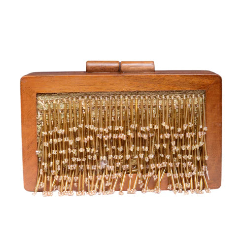 Golden Tassel Embellished Wooden Clutch