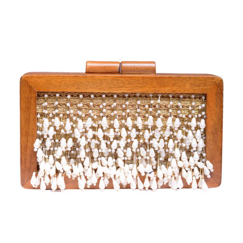 White Pearl Tassel Embellished Wooden Clutch