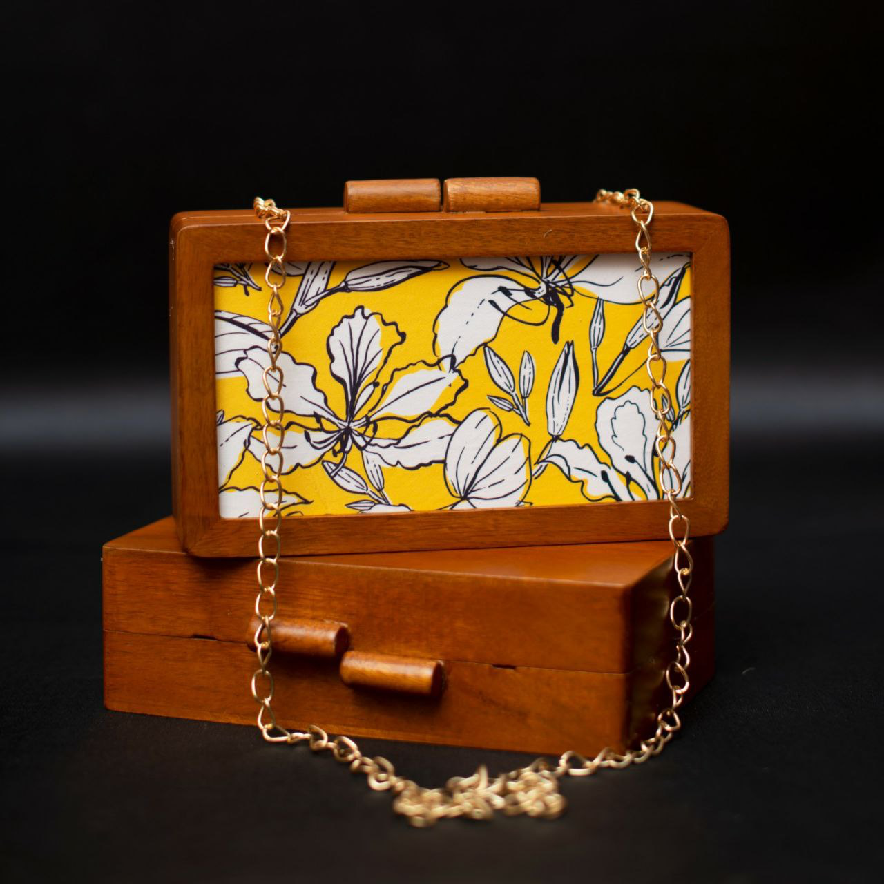 Yellow and White Floral Printed Wooden Clutch