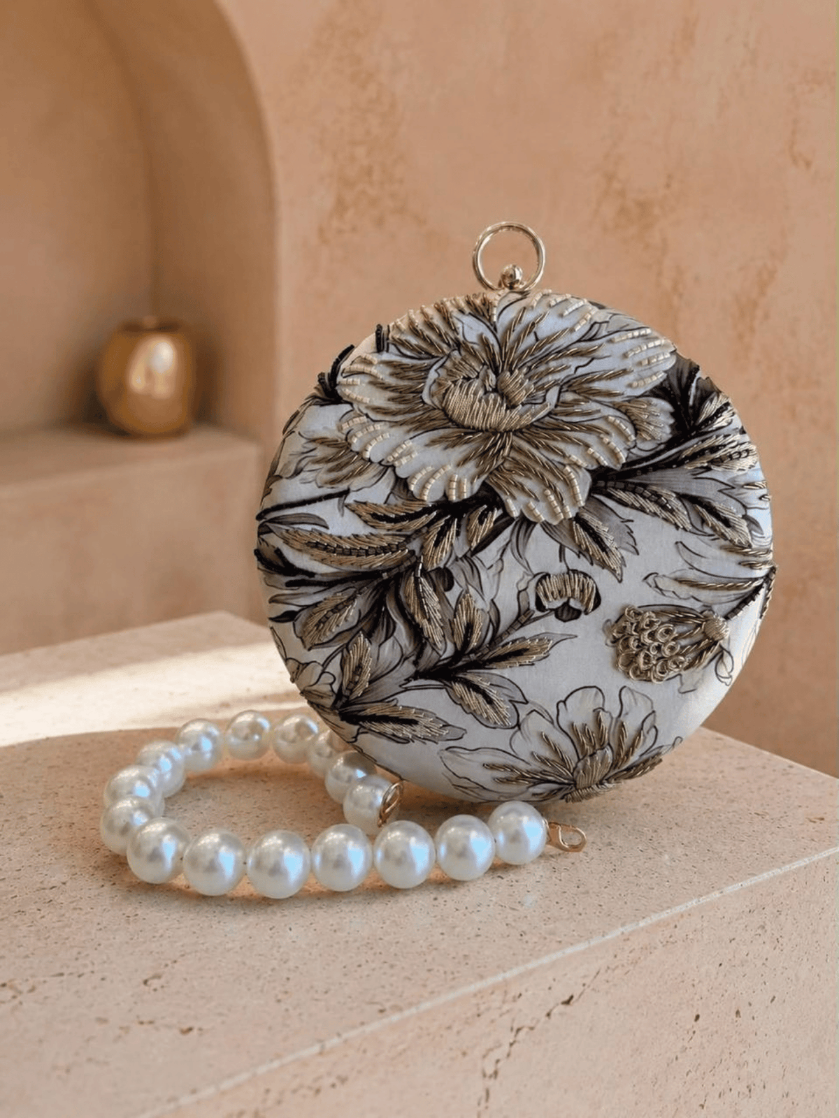 Floral Embroidered Round Clutch