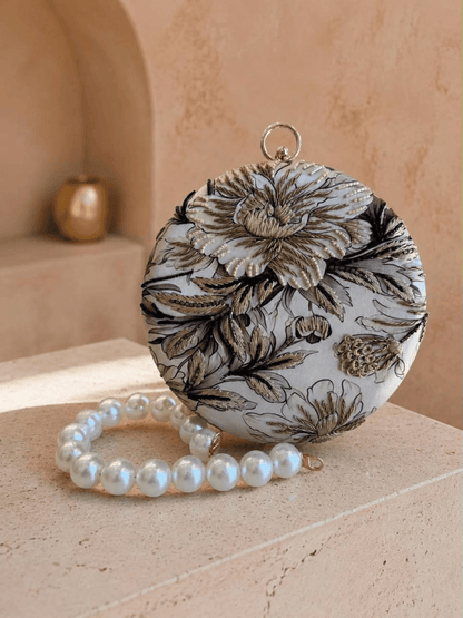 Floral Embroidered Round Clutch
