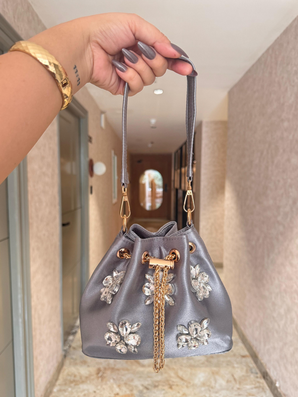 Crystal Bloom Satin Bucket Bag (8 Colors)