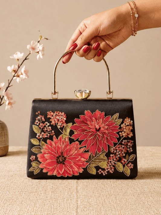 Crimson Bloom Embroidered Box Clutch
