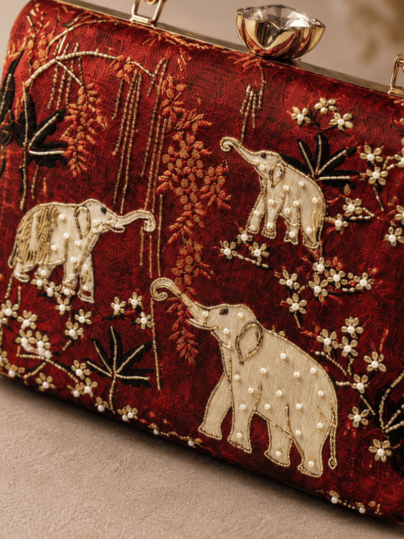 Royal Elephant Embroidered Box Clutch