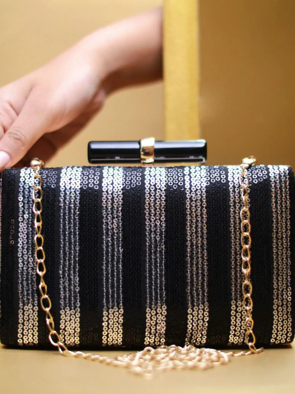 Black and Silver Sequins Fabric Party Clutch