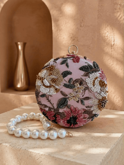 Floral Embroidered Round Clutch