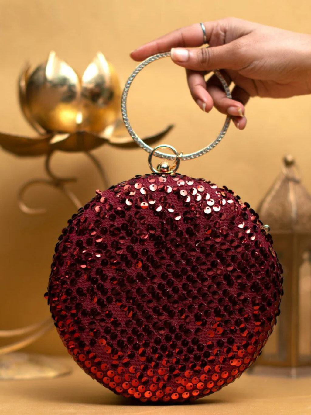 Red Sequins Embroidery Round Clutch