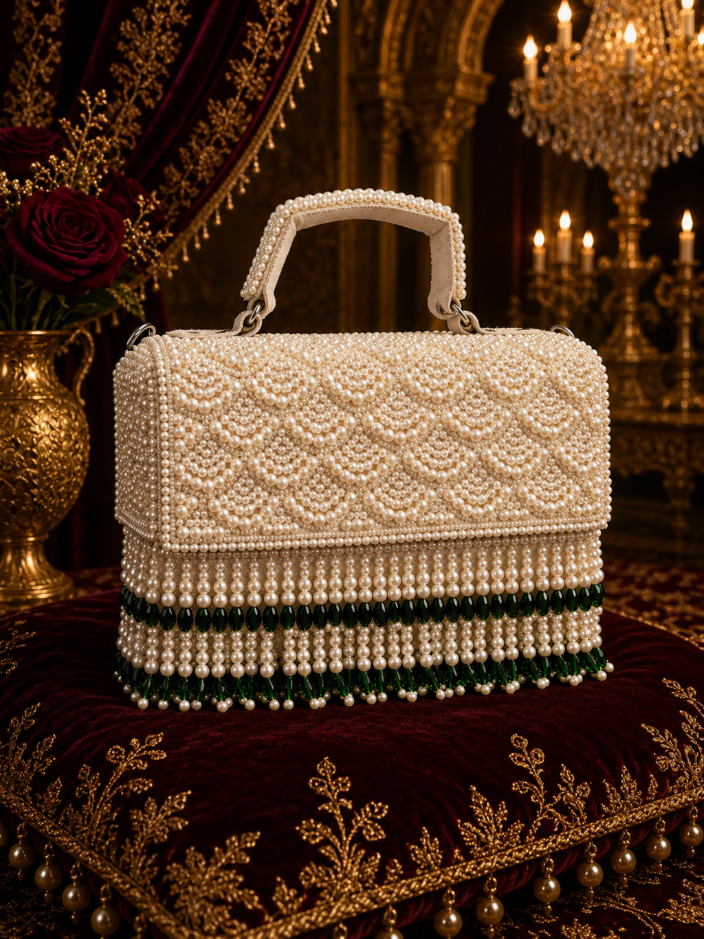 Emerald Fringe Pearl Clutch Box