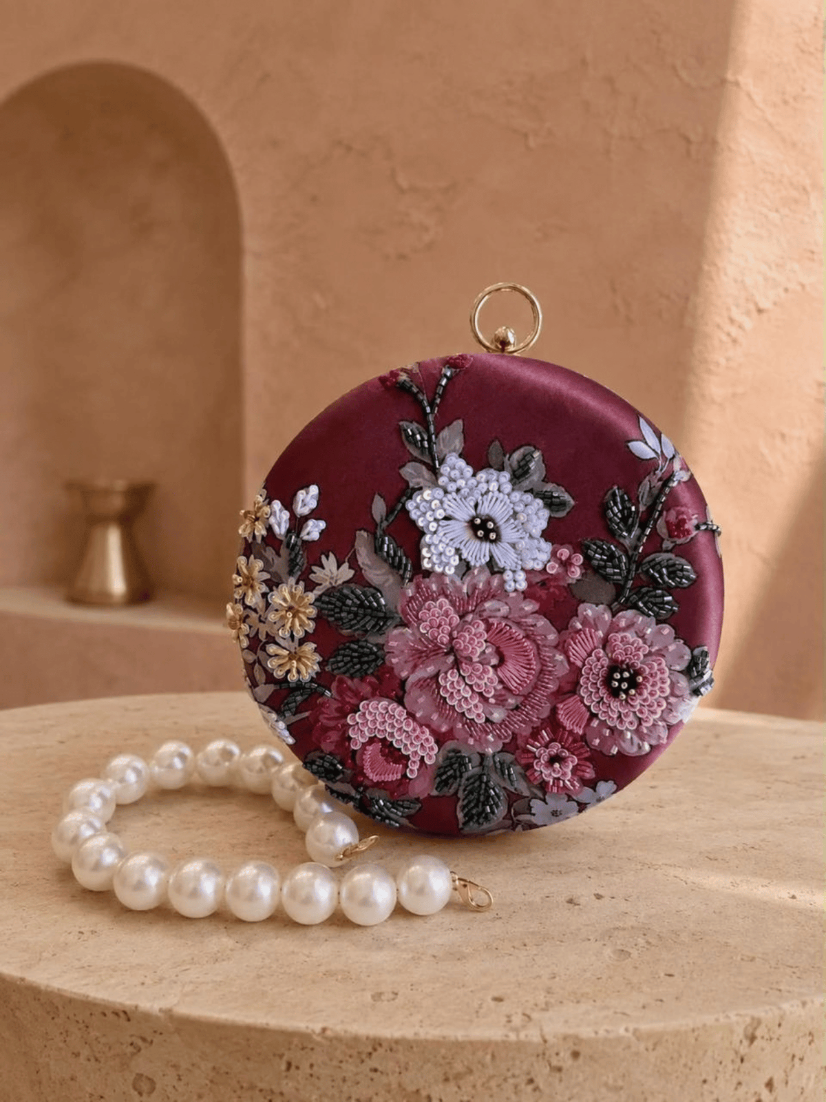 Floral Embroidered Round Clutch