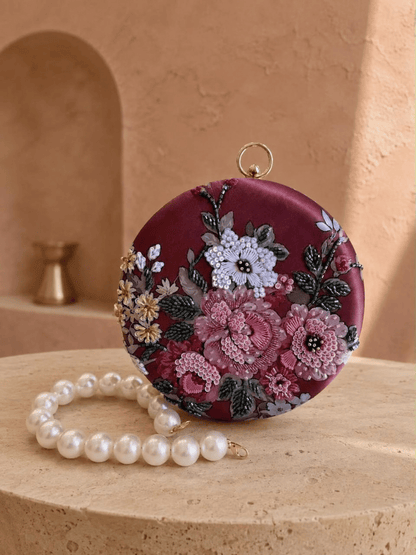 Floral Embroidered Round Clutch