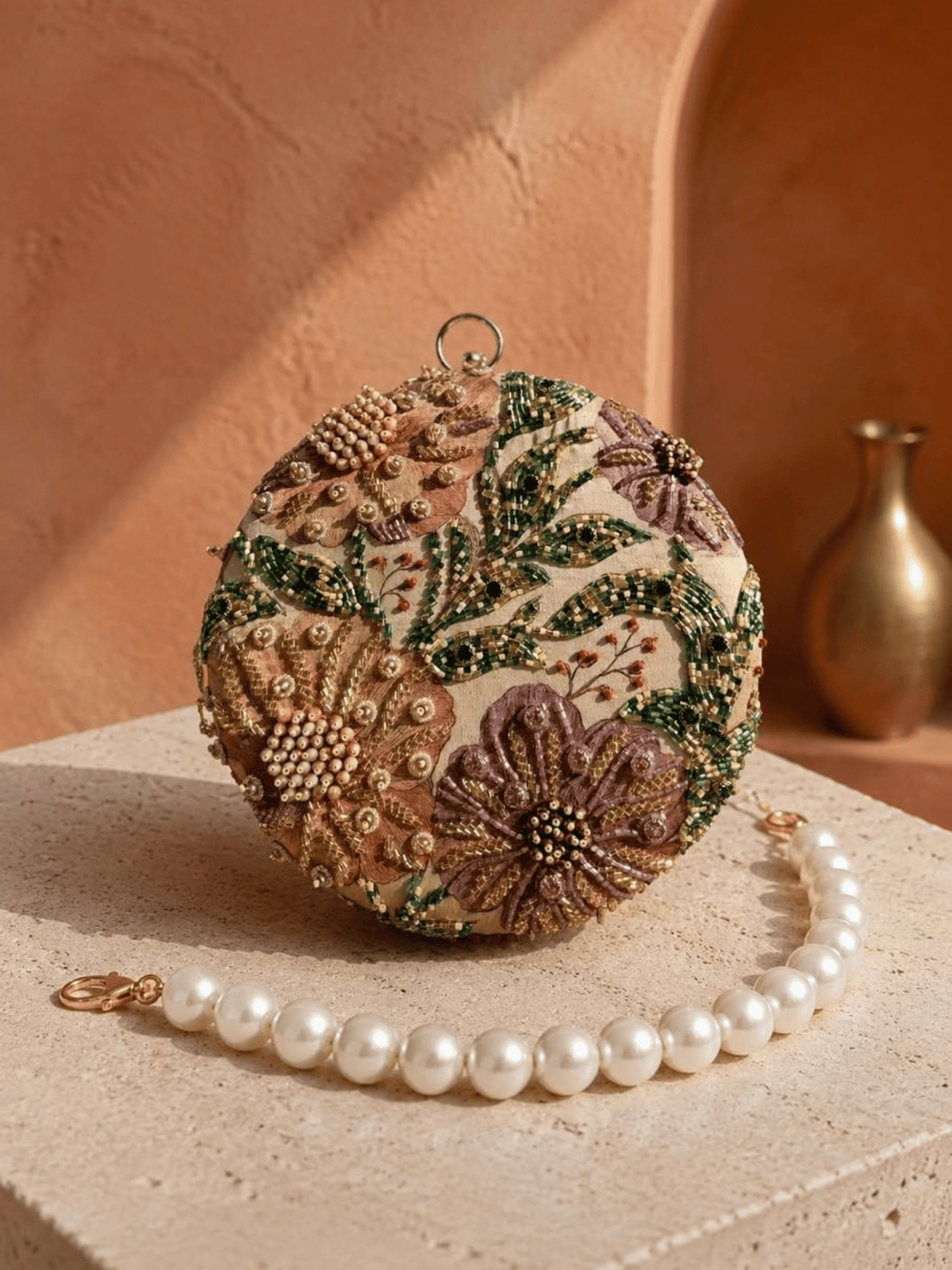 Floral Embroidered Round Clutch
