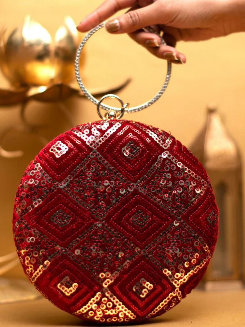 Red And Gold Sequins Round Party Clutch