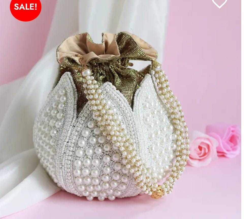 white Lotus Potli With Beautiful Design