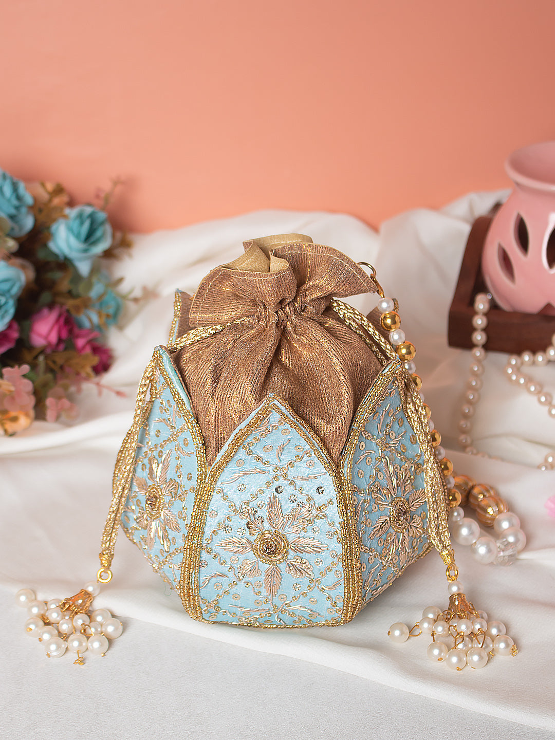 blue and gold Lotus Potli With Beautiful Design