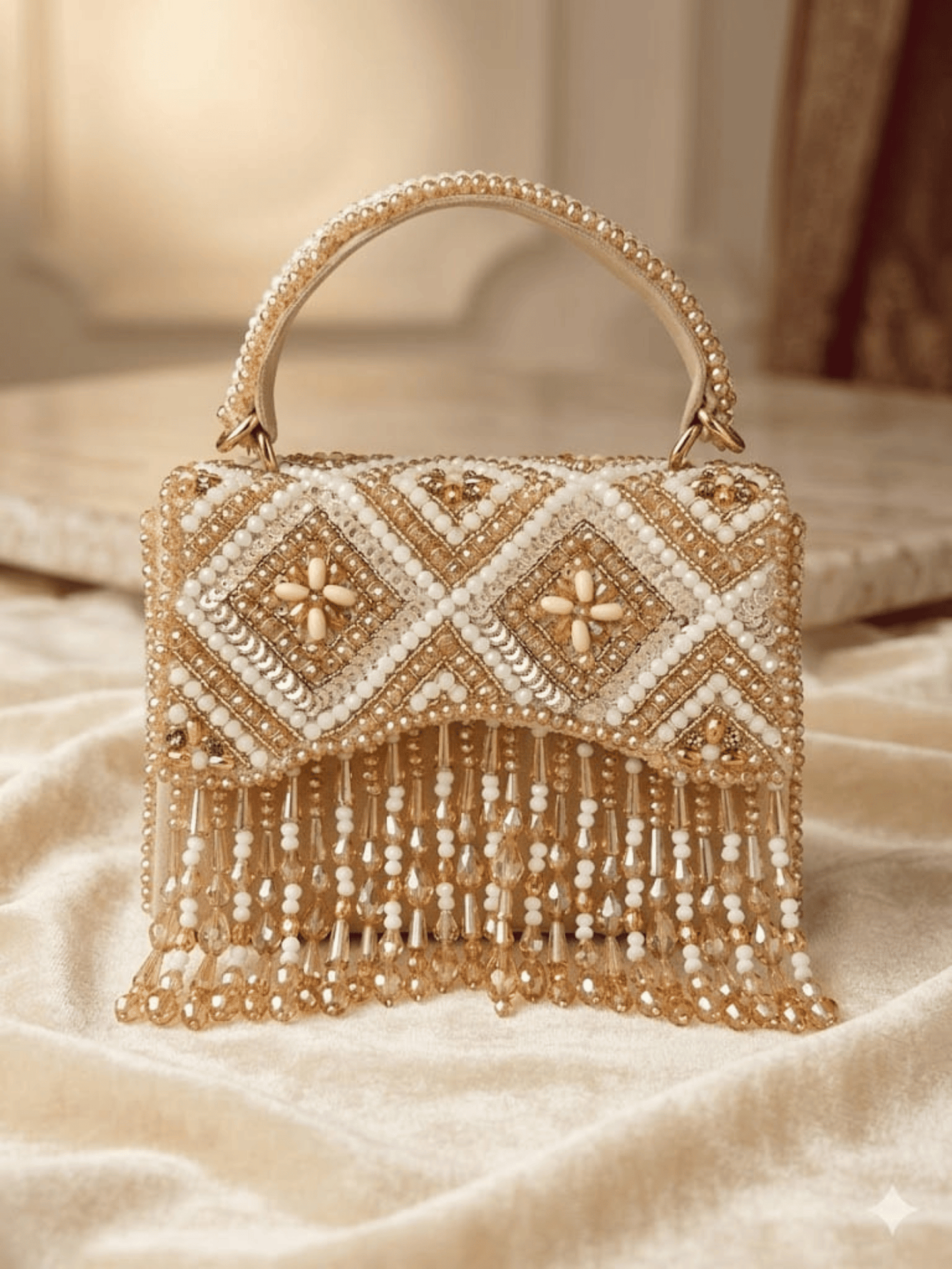 Ivory Pearl Embroidered Fringe Handbag