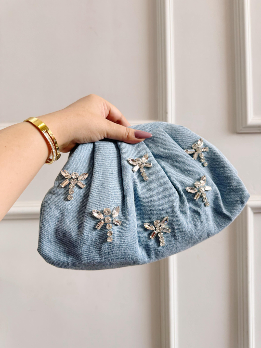 Denim Dusk Crystal Wing Clutch