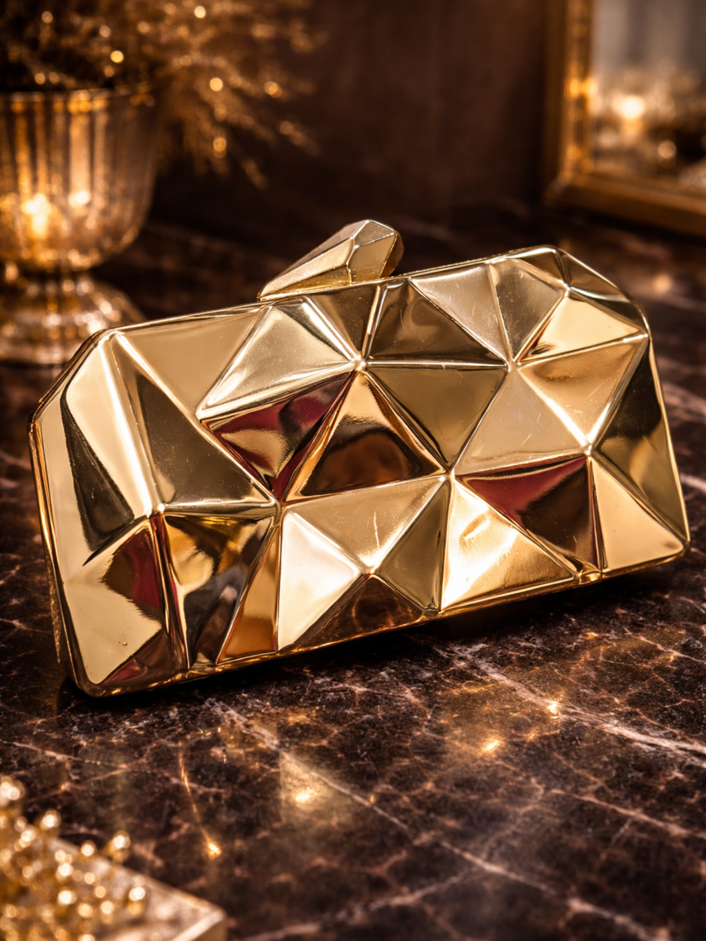 Metallic Hexagon Metal Clutch