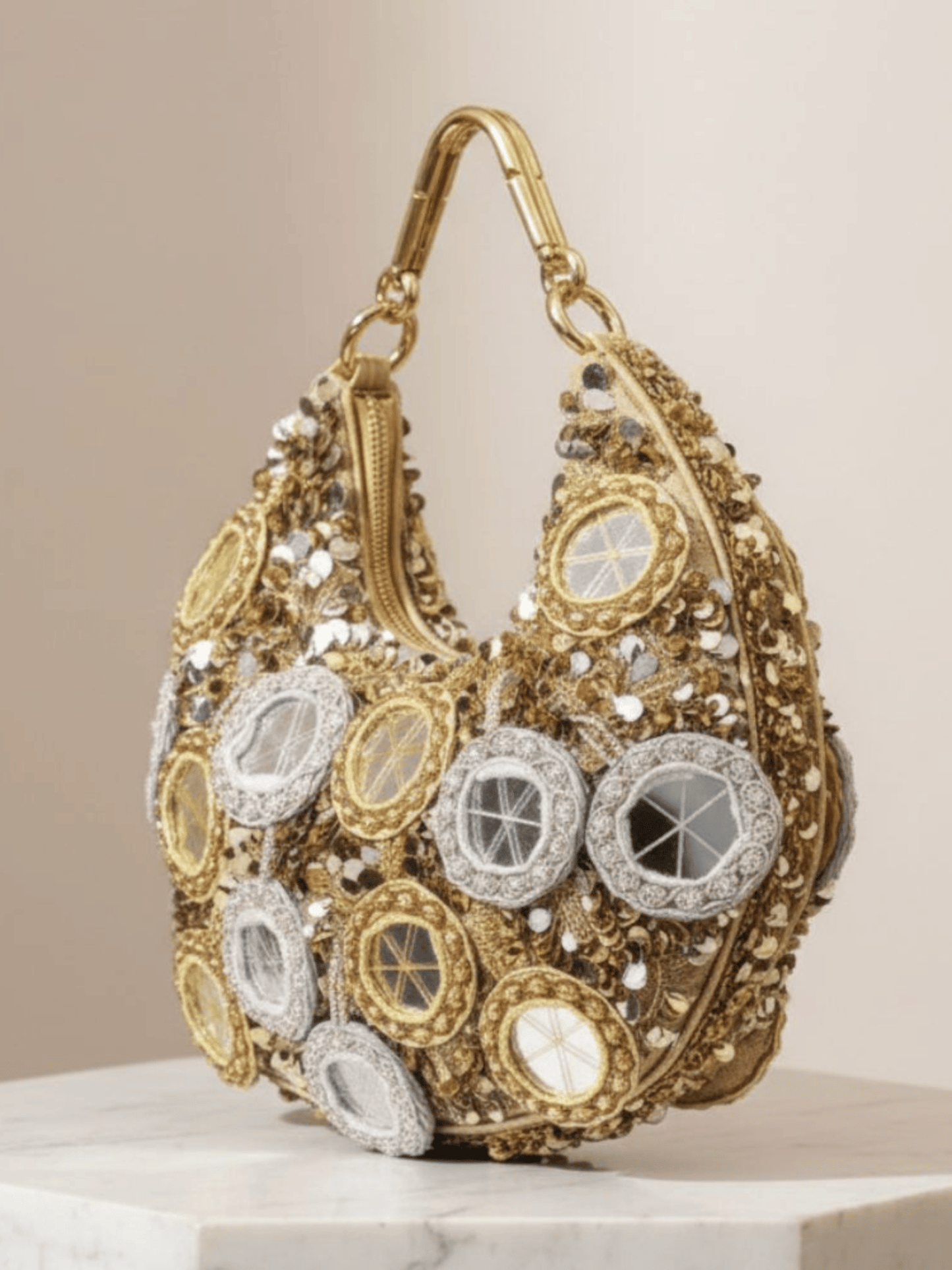 Golden Mirror Embellished Sequin Shoulder Bag