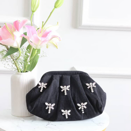 Midnight Black Crystal Wing Denim Clutch