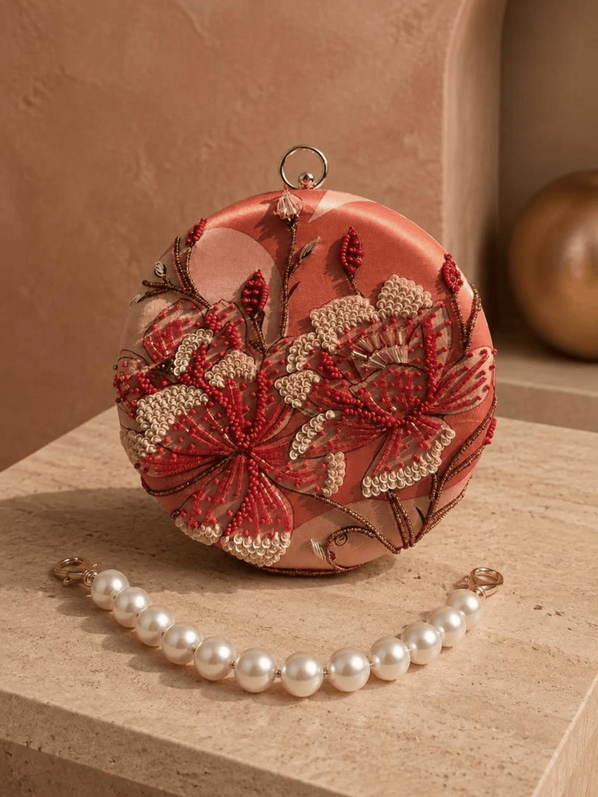 Floral Embroidered Round Clutch