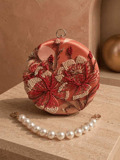 Floral Embroidered Round Clutch