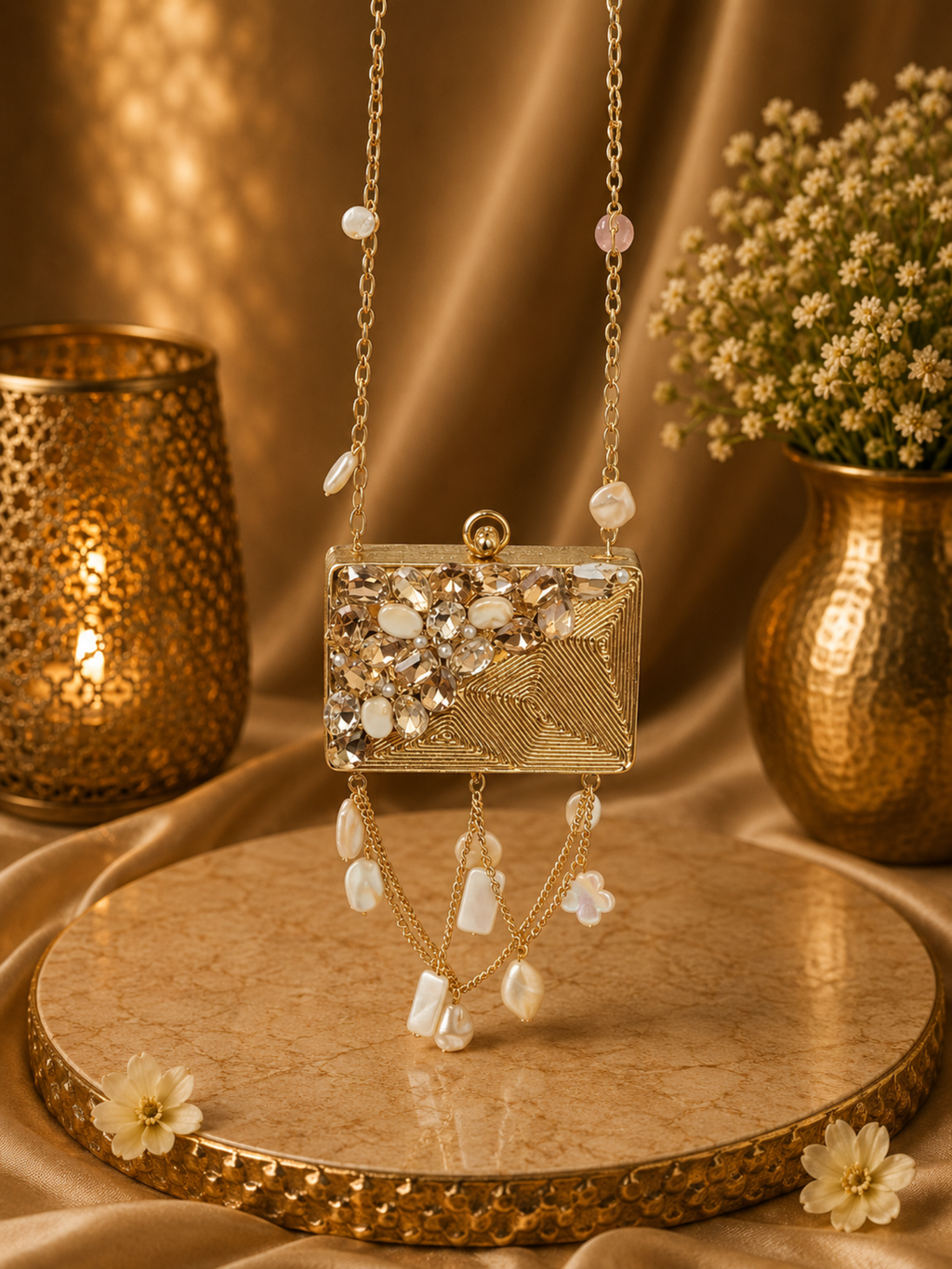 Gilded Prism Pearl Drop Clutch