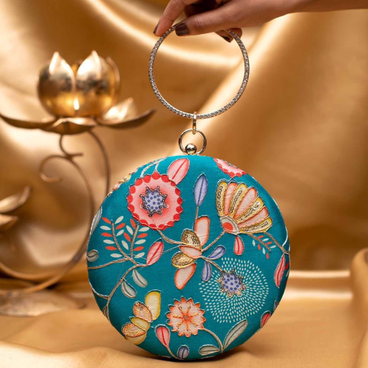 Teal Blossom Embroidered Ethnic Clutches
