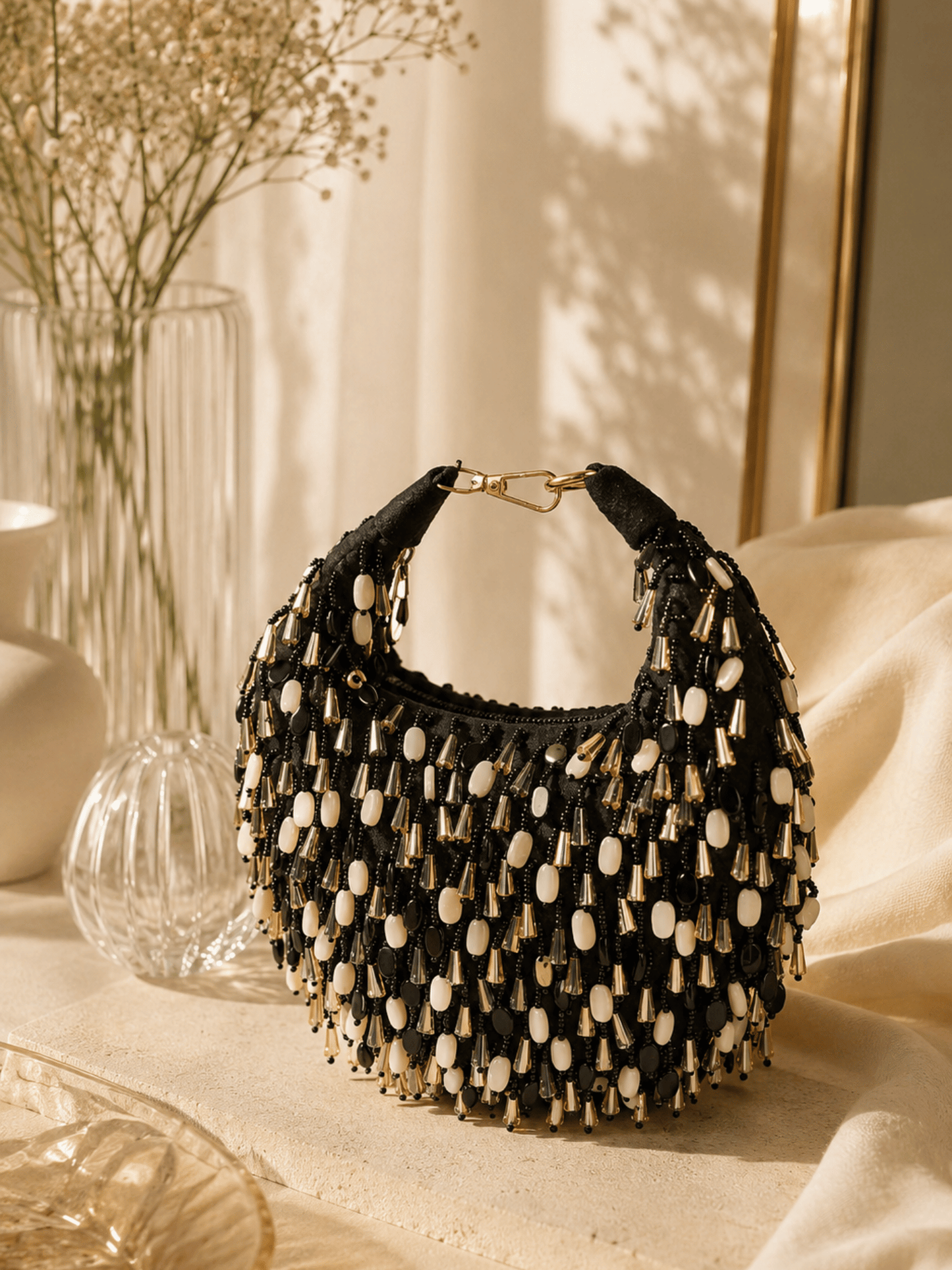 Midnight Cascade Beaded Handbag