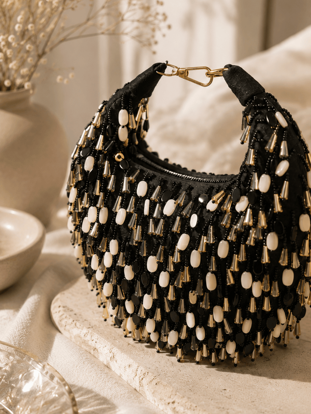 Midnight Cascade Beaded Handbag