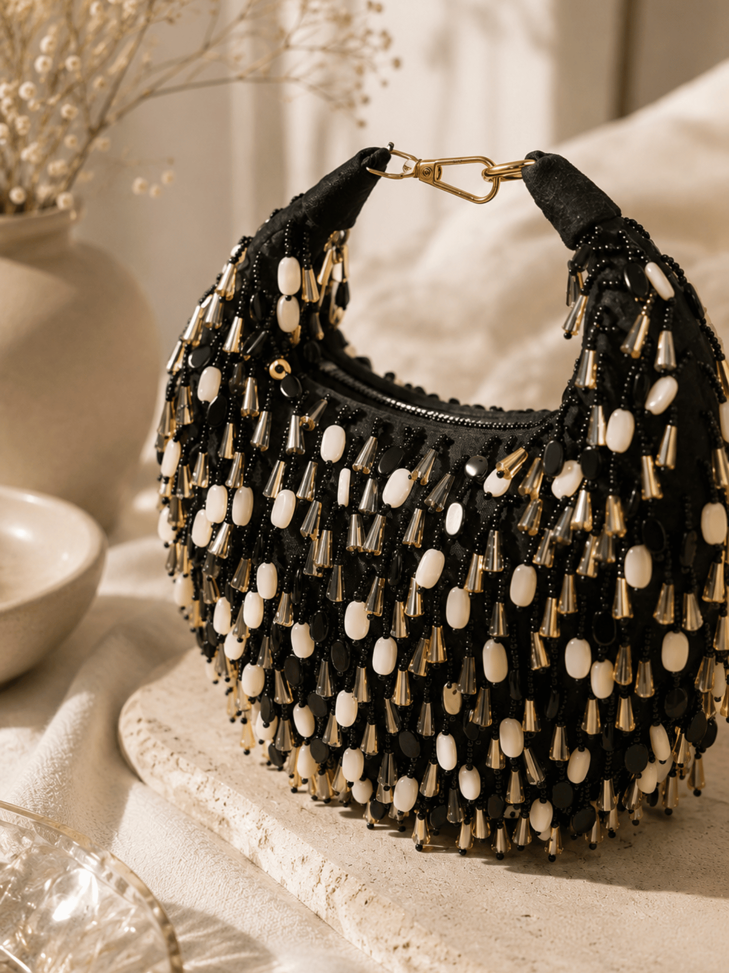 Midnight Cascade Beaded Handbag