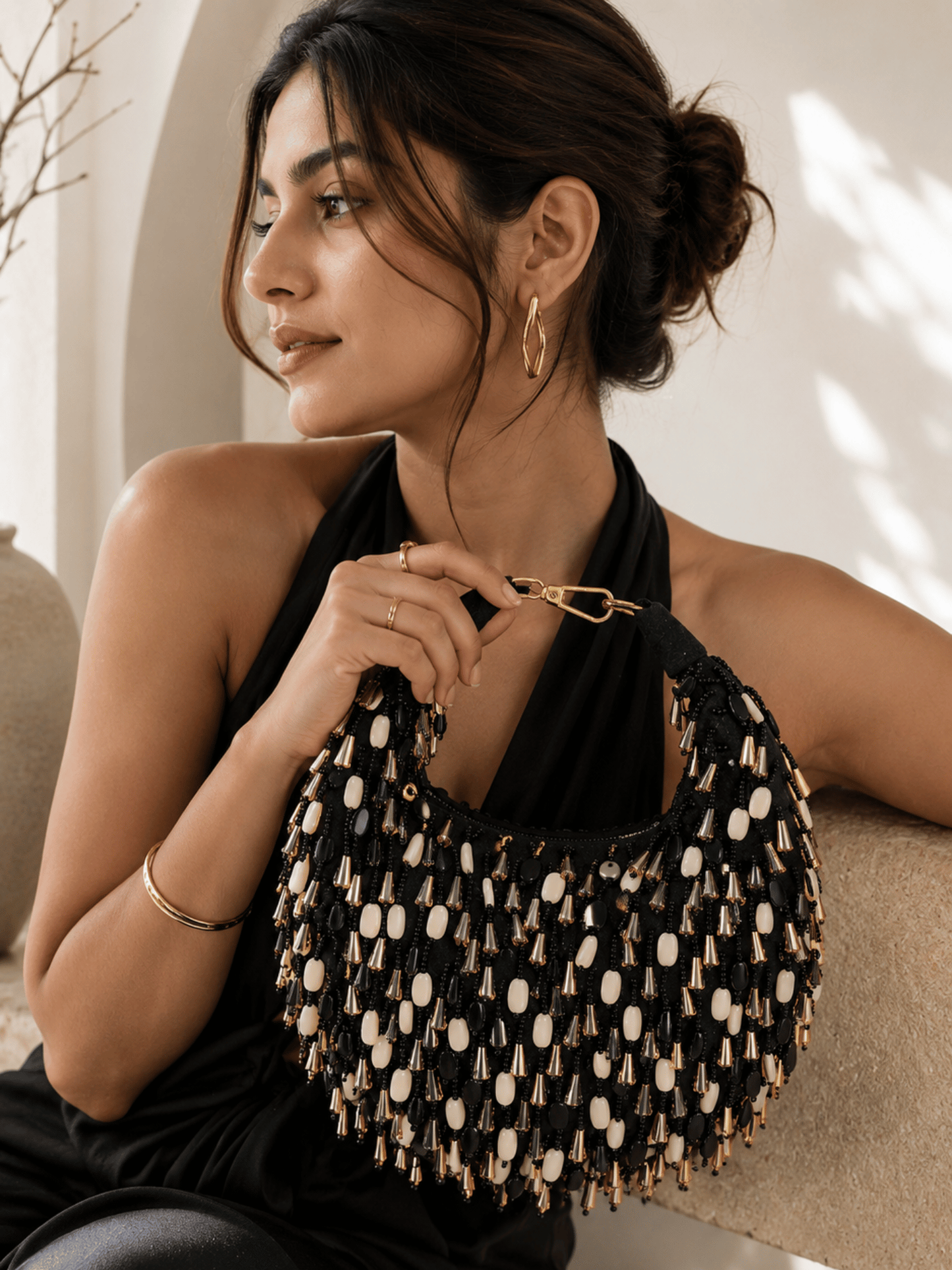 Midnight Cascade Beaded Handbag