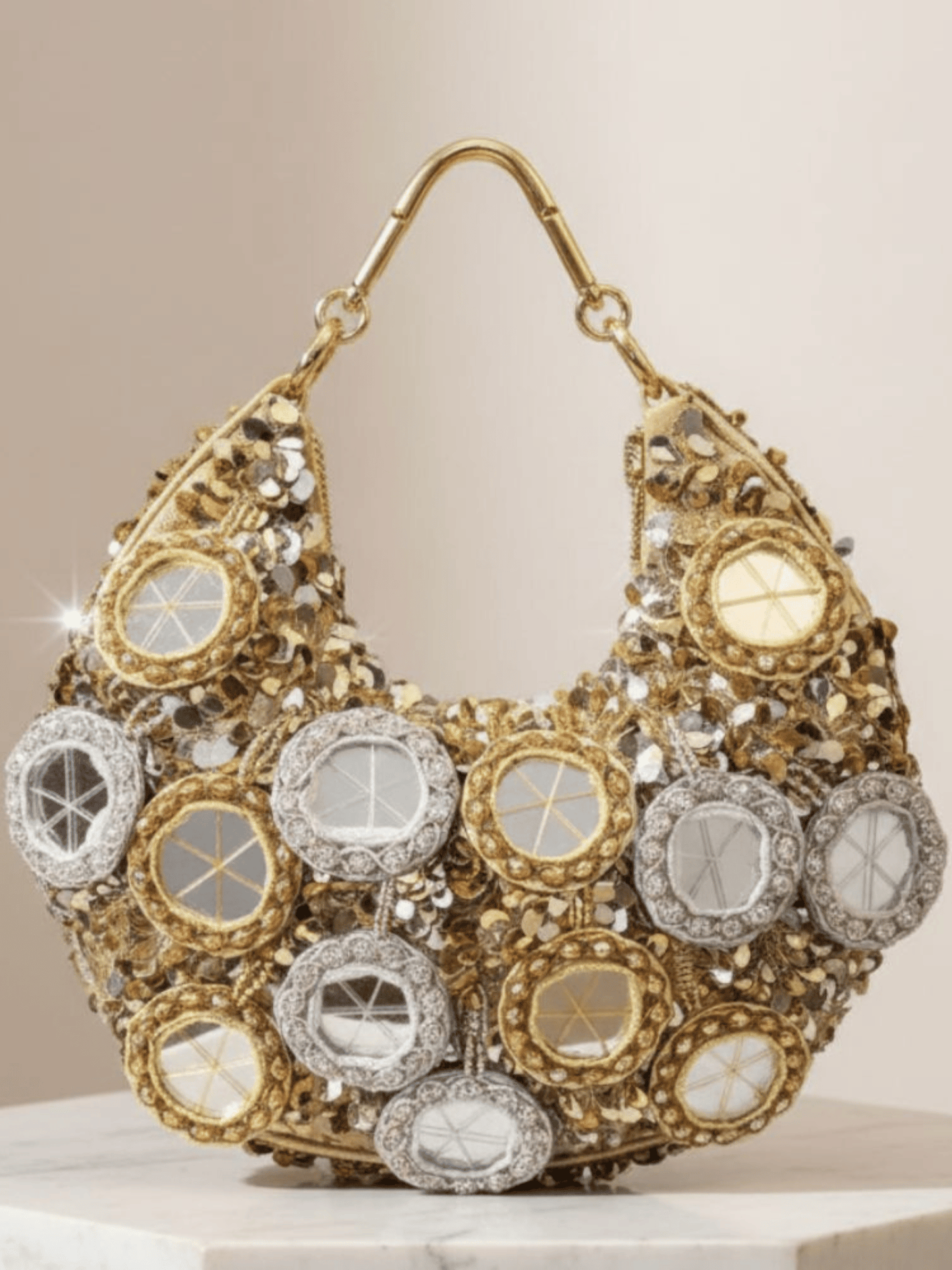 Golden Mirror Embellished Sequin Shoulder Bag