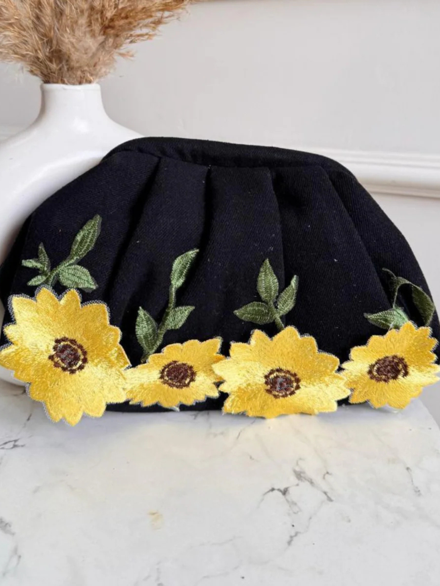 Black Botanique Denim Clutch