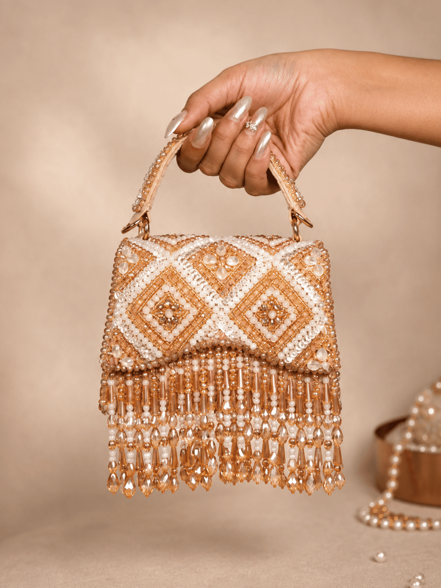 Ivory Pearl Embroidered Fringe Handbag