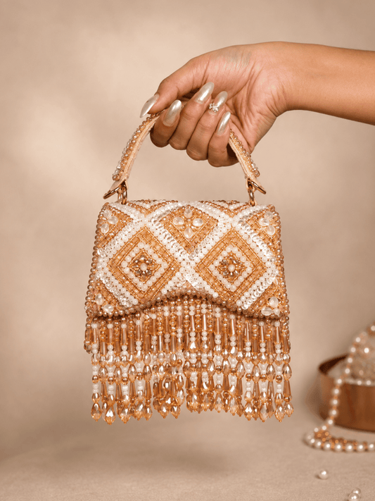 Ivory Pearl Embroidered Fringe Handbag