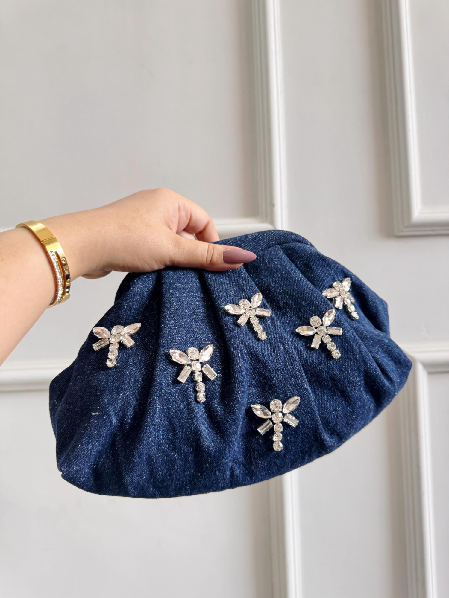 Denim Dusk Crystal Wing Clutch