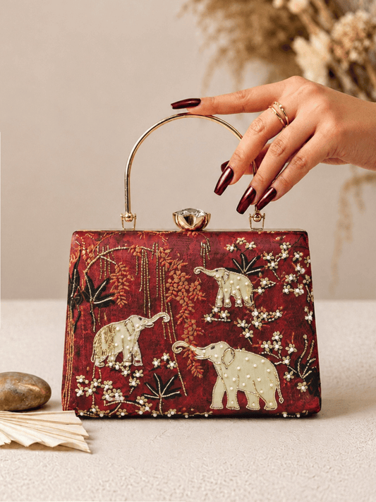 Royal Elephant Embroidered Box Clutch