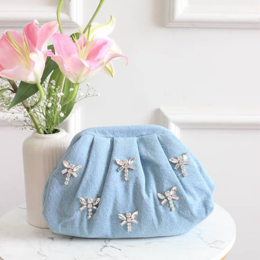 Sky Blue Crystal Wing Denim Clutch