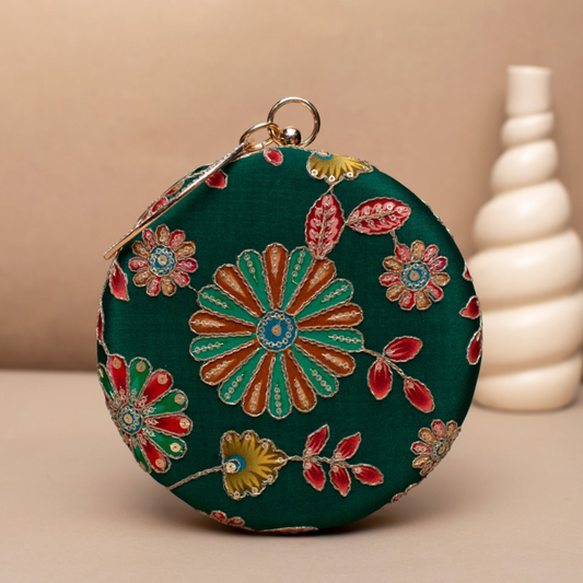 Emerald Bloom Embroidered Ethnic Clutches