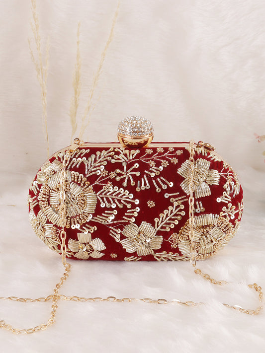 Handmade Zardosi maroon Oval Clutch
