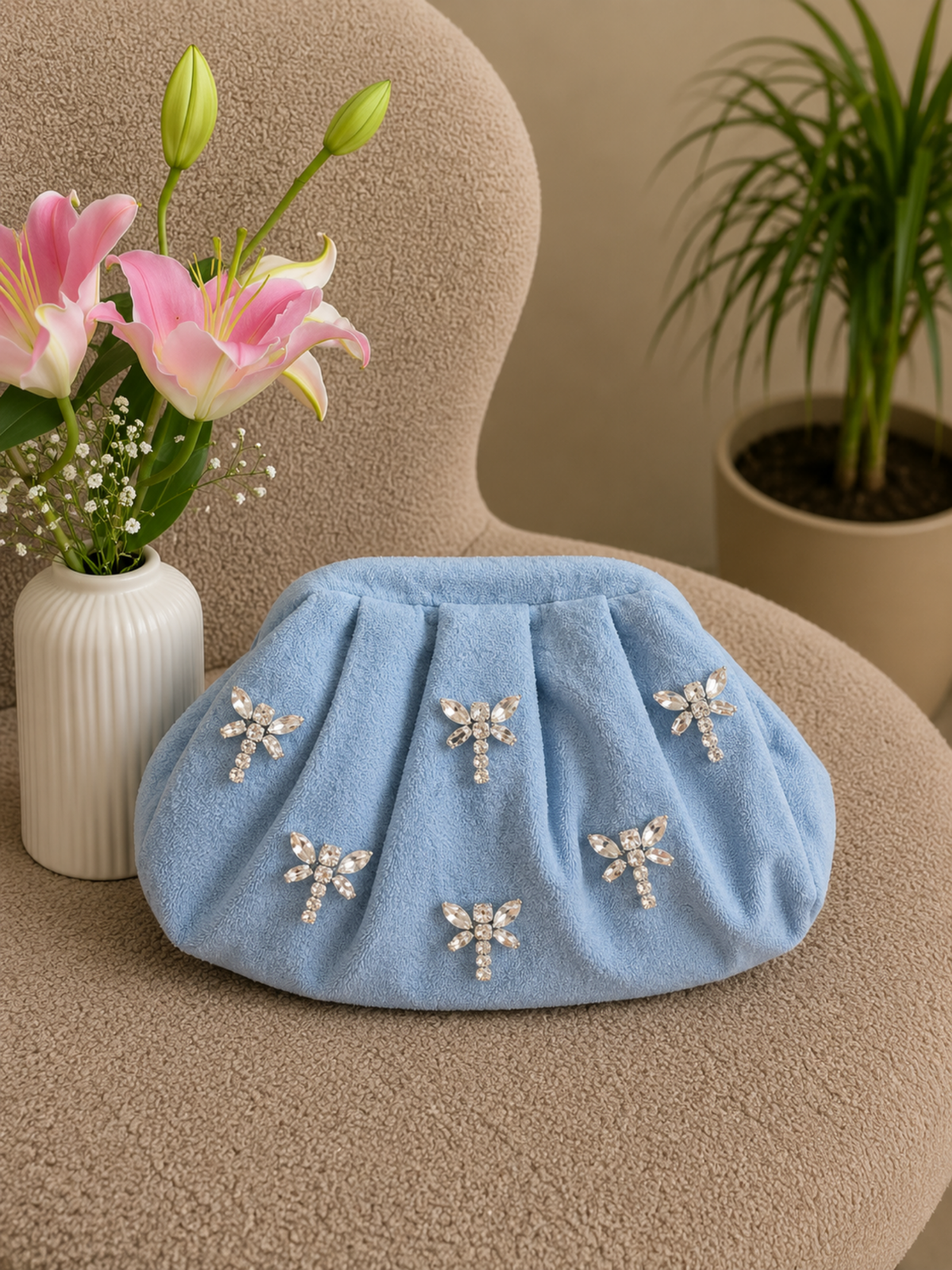 Denim Dusk Crystal Wing Clutch
