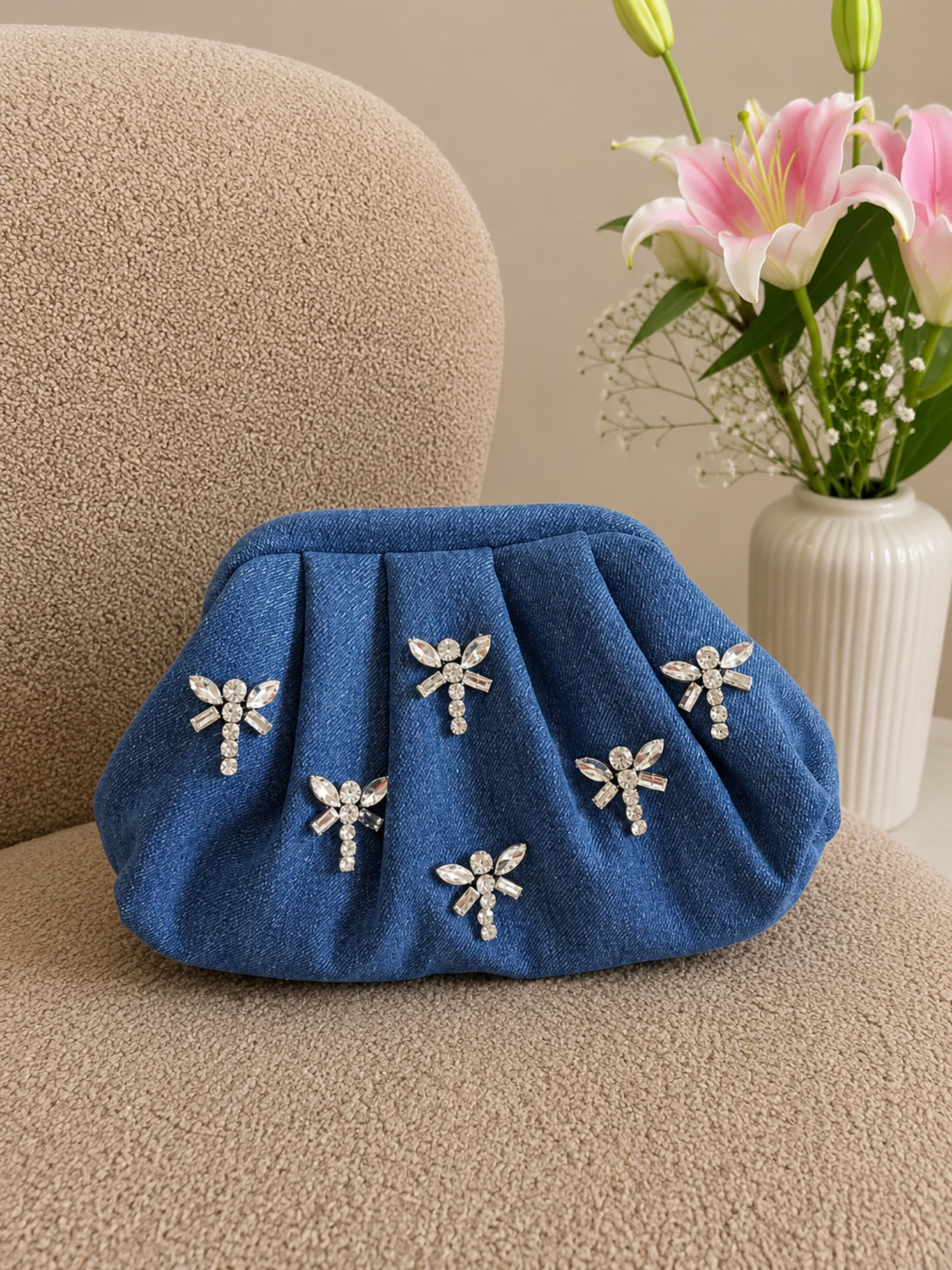 Denim Dusk Crystal Wing Clutch