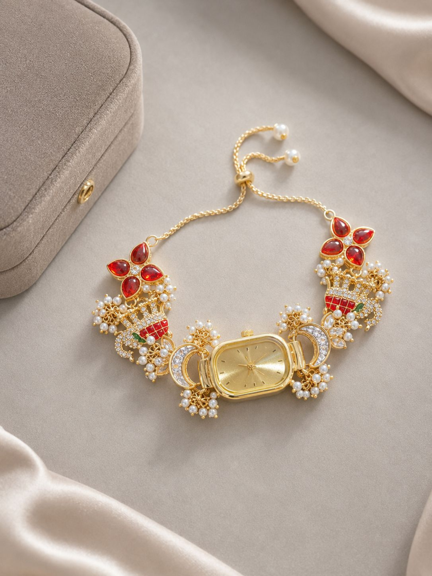 Ruby Blossom Handmade Kundan Watch