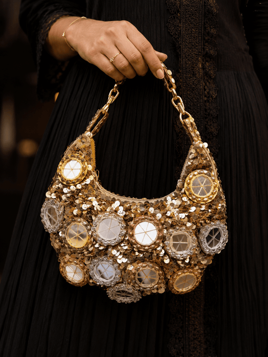 Golden Mirror Embellished Sequin Shoulder Bag