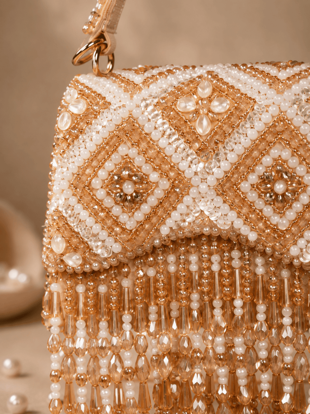 Ivory Pearl Embroidered Fringe Handbag