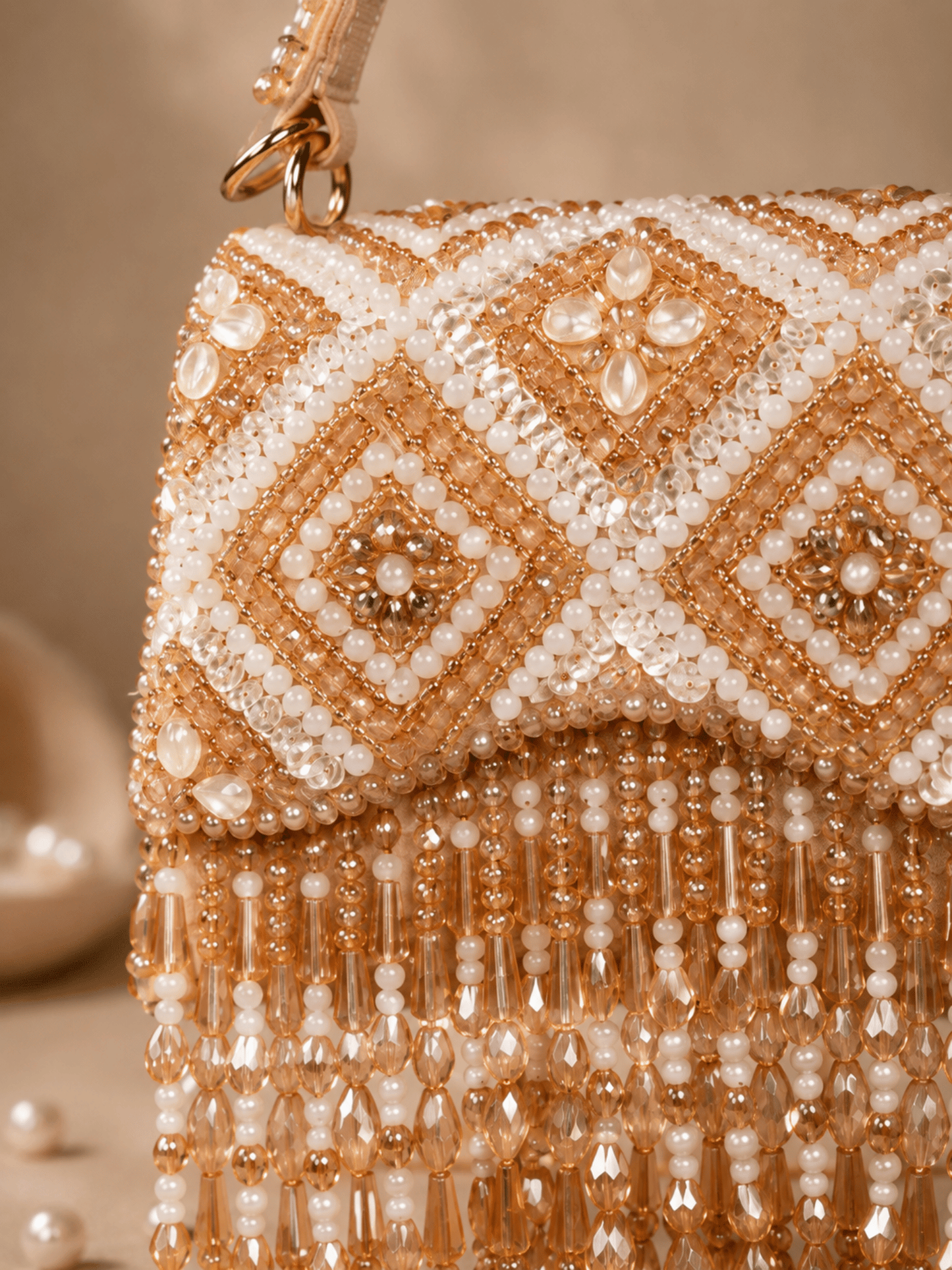 Ivory Pearl Embroidered Fringe Handbag