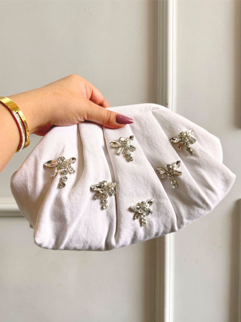 Denim Dusk Crystal Wing Clutch