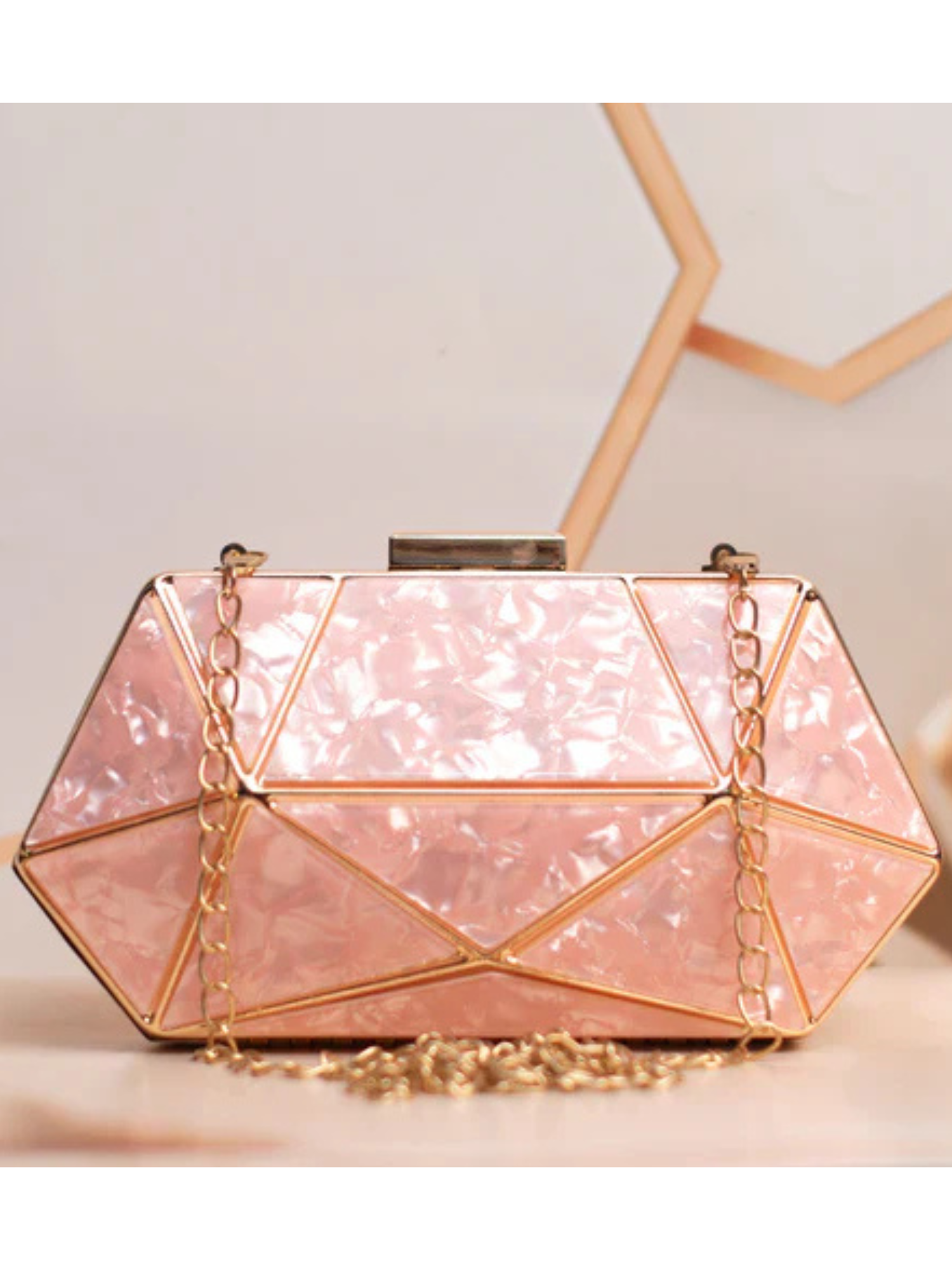 Acrylic MOP Cutout Hexagon Metal Clutch