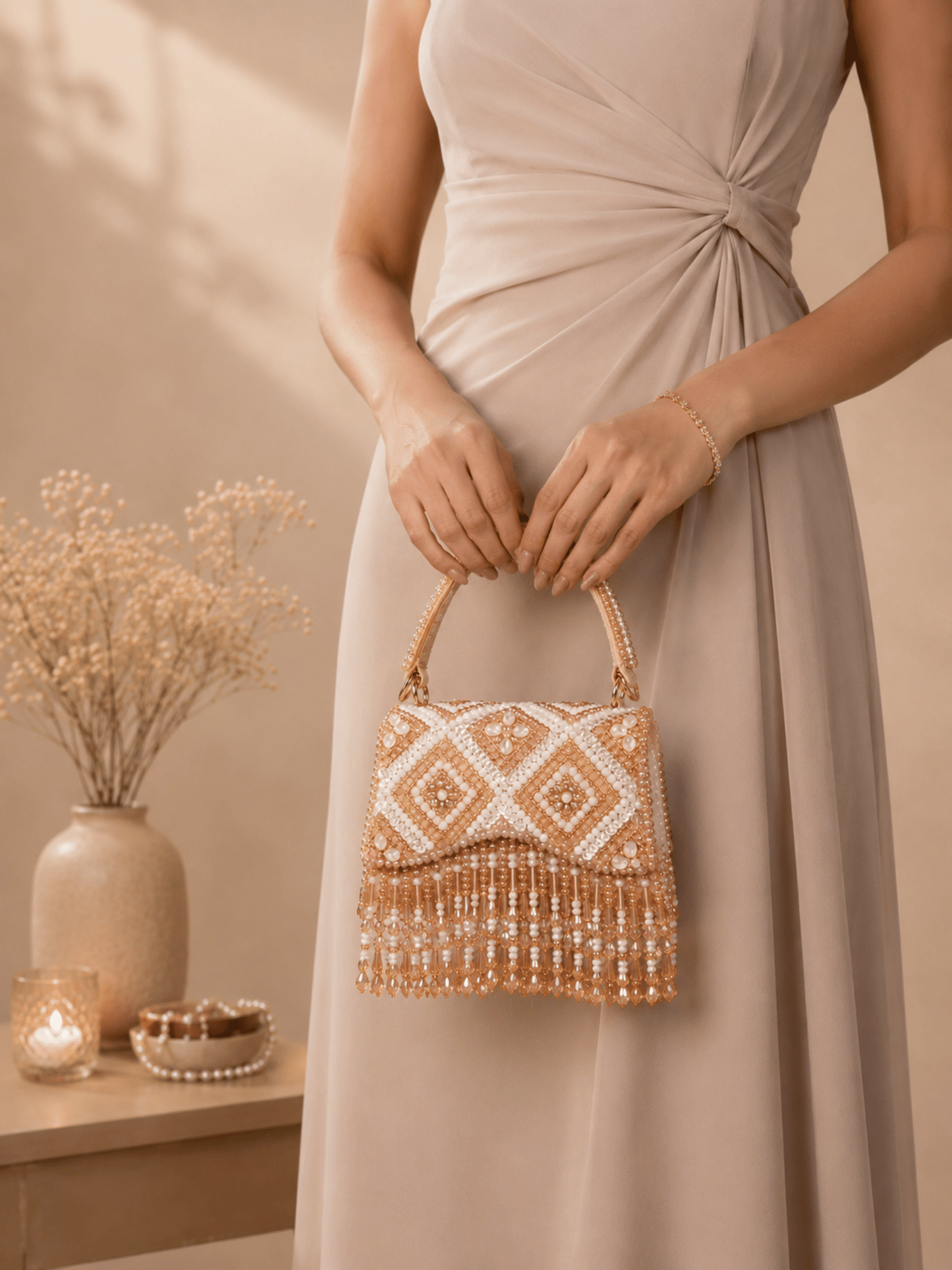 Ivory Pearl Embroidered Fringe Handbag